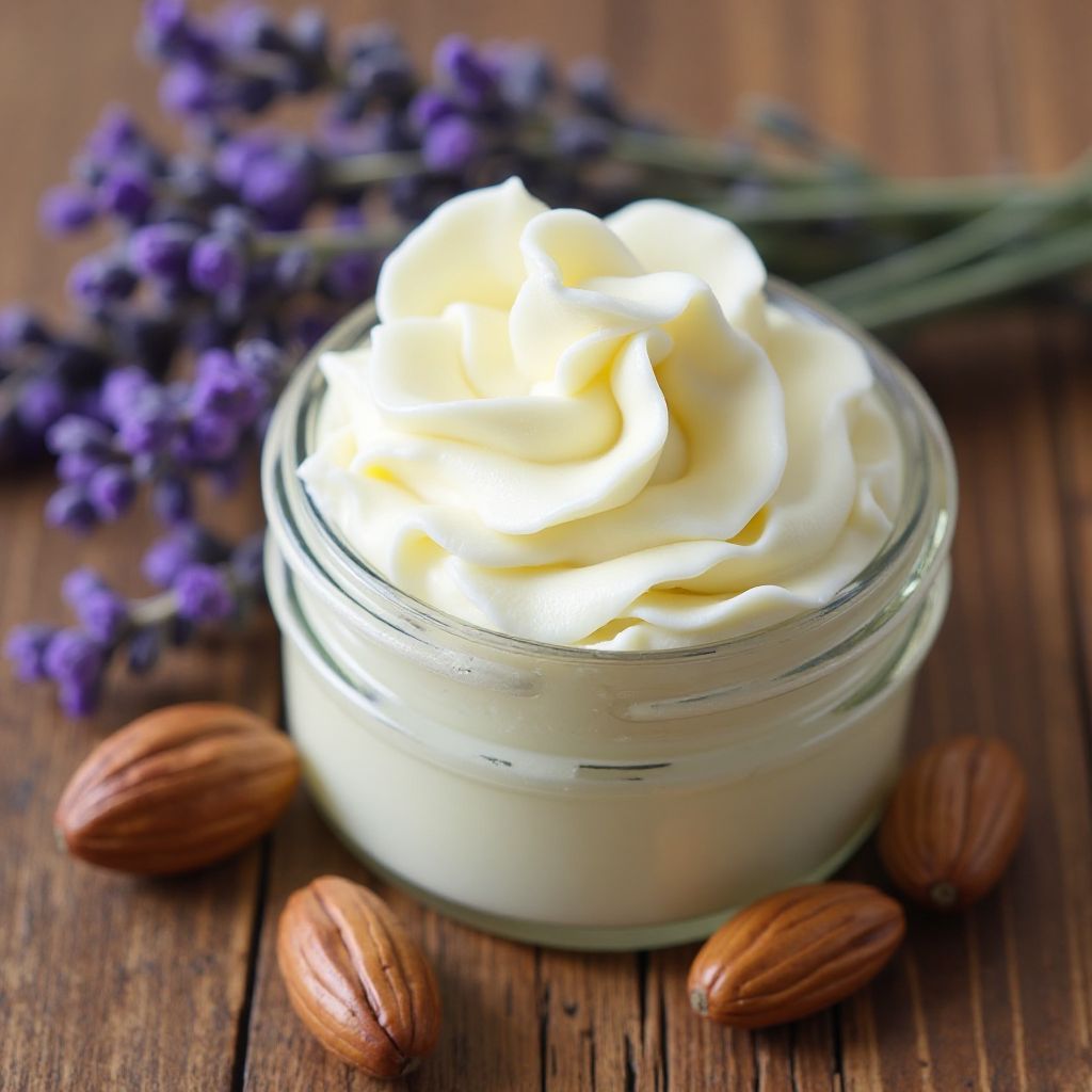 Whipped shea butter body cream in glass jar