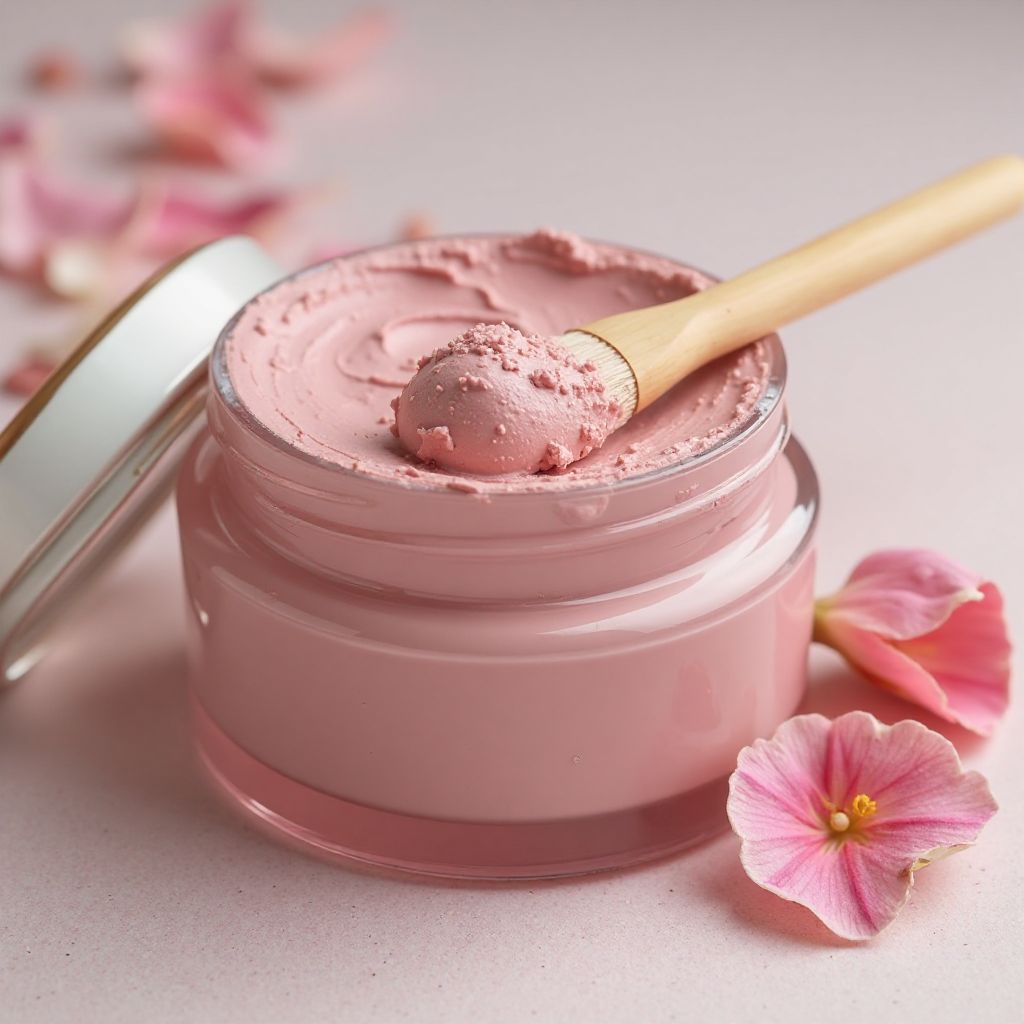 Pink clay face mask in glass jar with application brush